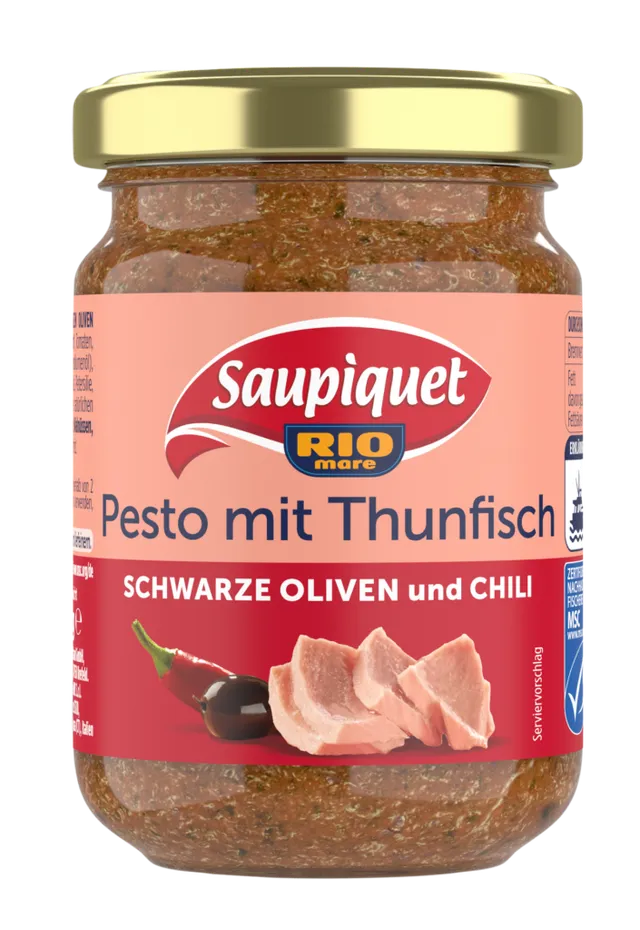saupiquet-pesto-mit-thunfisch-schwarze-oliven-und-chili-130g-glas image 1